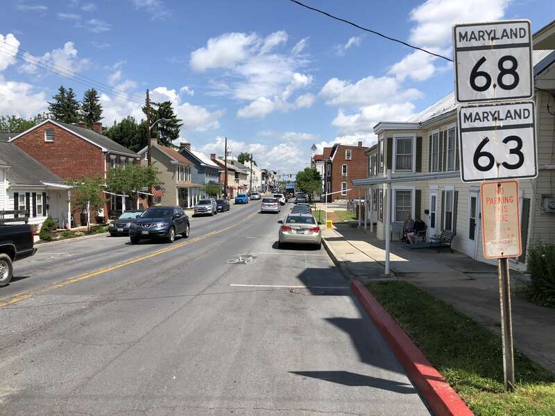 View north along Maryland State Route 63 and west along Maryland State Route 68 (South Conococheague Street) at Church Street in Williamsport, Washington County, Maryland