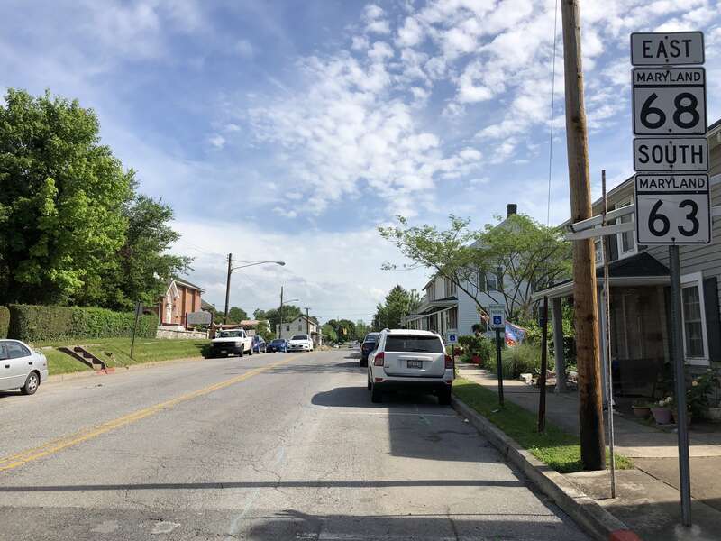 View east along Maryland State Route 68 and south along Maryland State Route 63 (Conococheague Street) at Church Street in Williamsport, Washington County, Maryland