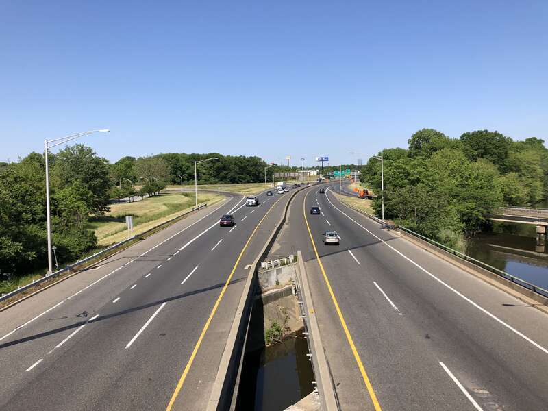 View south along New Jersey State Route 700 and west along U.S. Route 40 (New Jersey Turnpike) from the overpass for Salem County Route 551 southbound in Carneys Point Township, Salem County, New Jersey