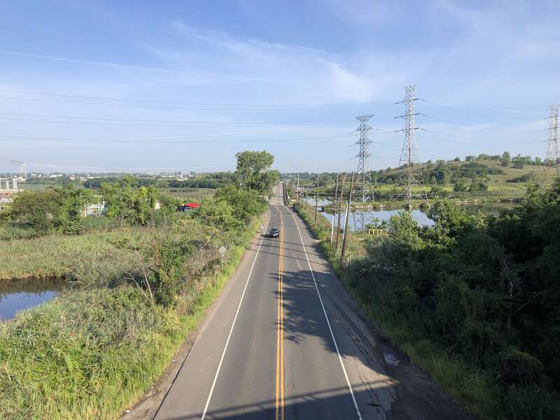 View northwest along New Jersey State Route 7 (Belleville Turnpike) from the overpass for Interstate 95W (New Jersey Turnpike Western Spur) in Kearny, Hudson County, New Jersey