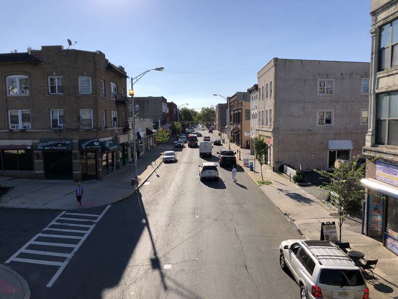 View south along Union County Route 531 (Park Avenue) from the overpass for the rail line between Depot Street and North Avenue in Plainfield, Union County, New Jersey