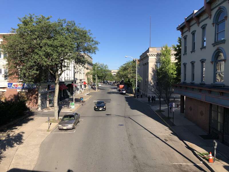 View north along Union County Route 531 (Park Avenue) from the overpass for the rail line between Depot Street and North Avenue in Plainfield, Union County, New Jersey