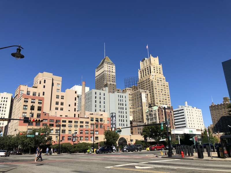 View of downtown Newark from the intersection of Essex County Route 510 (Market Street) and Mulberry Street in Newark, Essex County, New Jersey