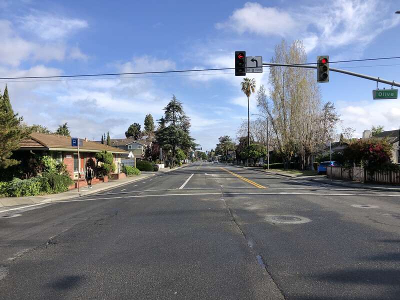 View northeast along South Sunnyvale Avenue at Olive Avenue in Sunnyvale, Santa Clara County, California