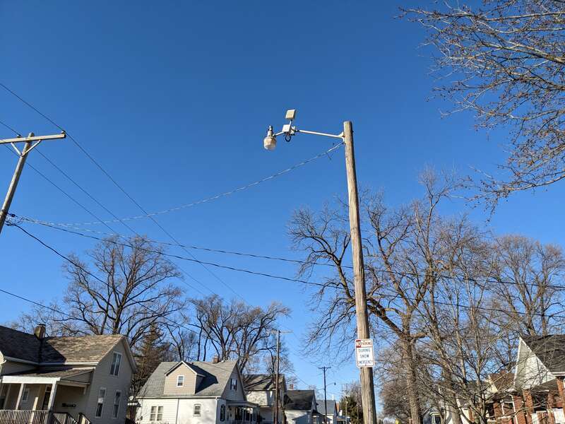 ShotSpotter installation on a streetlight on Rutledge Street in Springfield, IL (Feb 12, 2023). This is a surveillance microphone that, in tandem with multiple other microphones, allows police to geographically triangulate the source of gunshots.