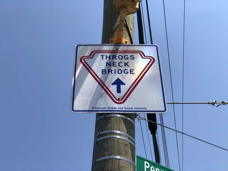 Sign for the Throgs Neck Bridge along the southeastbound service road for the Throgs Neck Expressway at Pennyfield Avenue and Lawton Avenue in the Bronx, New York City, New York