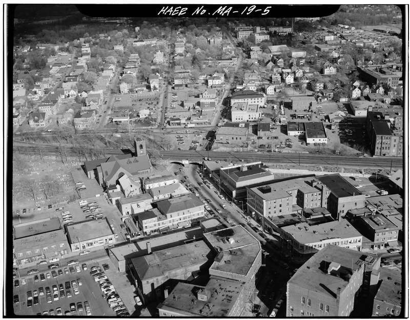 Aerial view of downtown Attleboro, Massachusetts, with the Park Street arch bridge at center