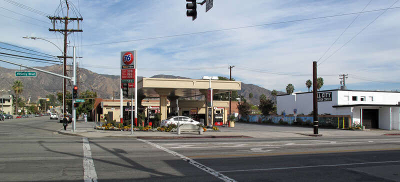 On Alameda looking east towards the Verdugo Mountains, at the intersection of Victory Boulevard in Burbank, California.