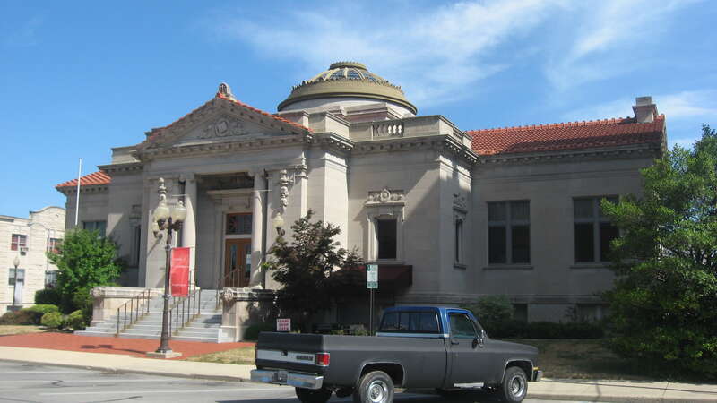 Front of the Anderson Center for the Arts (formerly the Anderson Carnegie Library, located at 32 W. Tenth Street in Anderson, Indiana, United States.  Built in 1905, it is listed on the National Register of Historic Places.