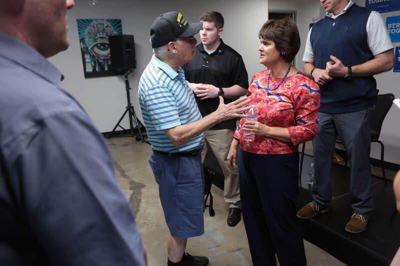 Anne Holton, wife of U.S. Senator Tim Kaine, speaking with a supporter at a veterans roundtable at the Luna Culture Lab in Phoenix, Arizona.

Please attribute to Gage Skidmore if used elsewhere.