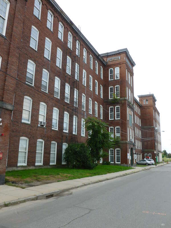 Another mill of Appleton Mills, located at 240 Jackson Street, Lowell Massachusetts.  North side of building shown, as viewed from a sharp angle from the east.