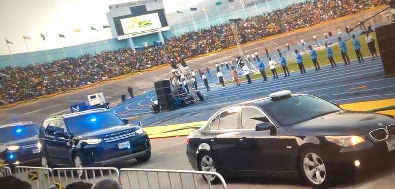 The arrival of the Most Hon. Andrew Holness Prime Minister of Jamaica and the Most Hon. Mrs. Holness at the National Stadium.