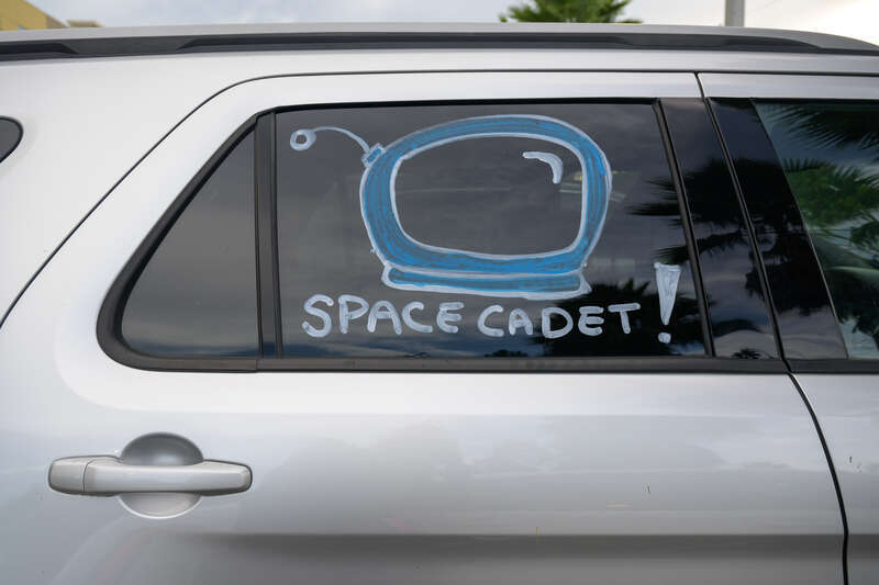 A car in a hotel parking lot is decorated in support of the NASA Artemis I mission, Friday, Sept. 2, 2022, in Titusville, Florida. NASA’s Artemis I flight test is the first integrated test of the agency’s deep space exploration systems: the Orion