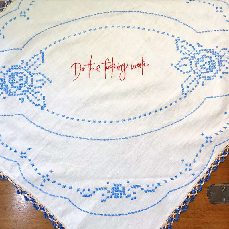 Shannon Downey aka Badass Cross Stitch modernizes antique and vintage textiles with messaging that she believes the original stitcher might have wanted to say