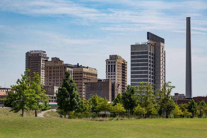 The skyline of Birmingham, Alabama, as seen from Railroad Park.