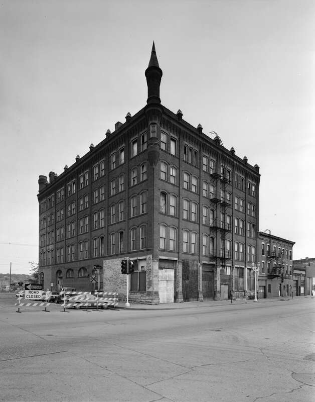 Corner view of the Bishop's Block, located at 90 W. Main Street in Dubuque, Iowa, United States.  Built in 1889, it is listed on the National Register of Historic Places.