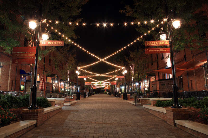 Brightleaf Square at night in Durham, North Carolina.