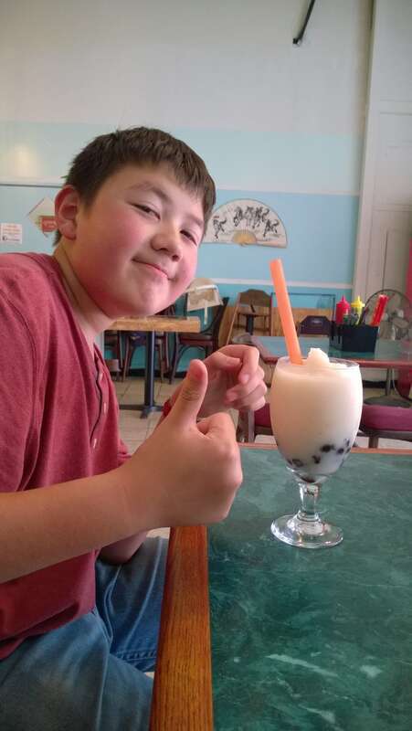 Nothing beats a glass of lychee-flavored Bubble tea on a hot day. An extra wide straw allows the tapioca balls on the bottom to pass through.