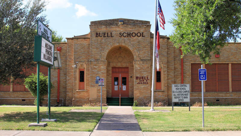 Buell School in Pharr, Texas, United States. The school was designated a Recorded Texas Historic Landmark in 1990. Marker text: &quot;Constructed in 1927-28 to serve Mexican-American children in the Pharr-San Juan school district, this school replaced an