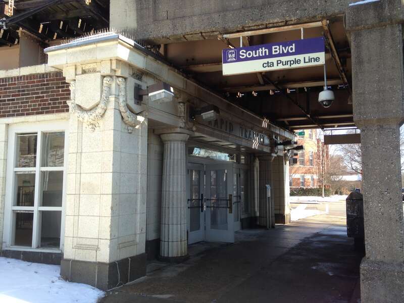 The South Boulevard station house on the CTA Purple Line elevated train, in Evanston, Illinois, United States, in 2020.