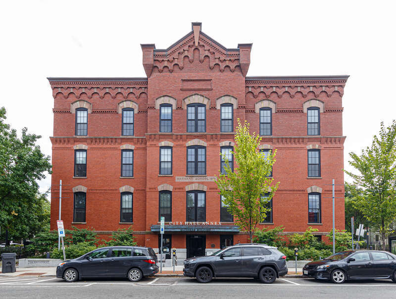 Cambridge City Hall Annex; formerly Harvard Grammar School 1871. Also says &quot;McCusker Building&quot;. 344 Broadway, Cambridge, Massachusetts