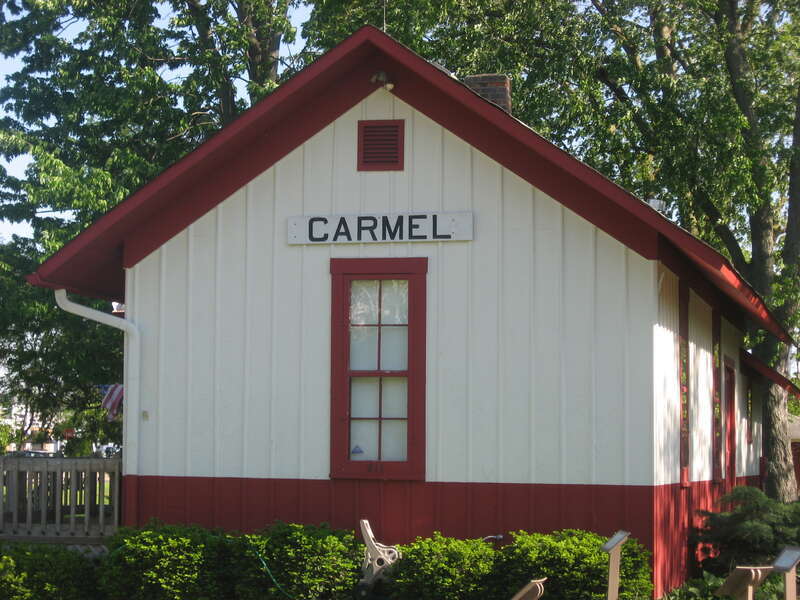 Front and western side of the Carmel Monon Depot, located at 211 First Street, Southwest in Carmel, Indiana, United States.  Built in 1883, it is listed on the National Register of Historic Places.