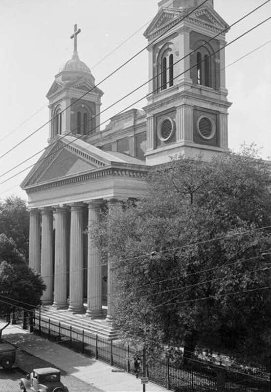 Cathedral of the Immaculate Conception, Mobile, Alabama. East elevation (front) portico and towers.