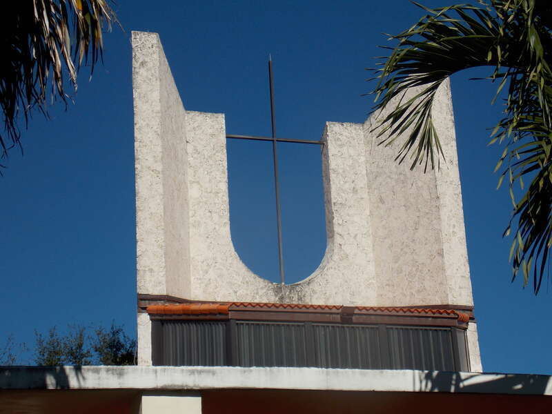 The tower and cross on the Cathedral of St. Ignatius Loyola in Palm Beach Gardens, Florida