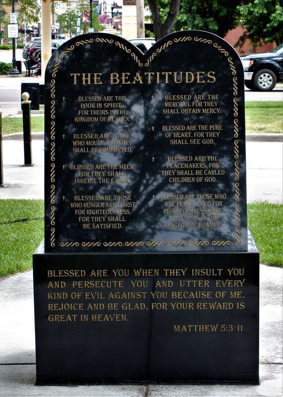 The Beatitudes monument (the reverse of the Ten Commandments monument) in front of the Cathedral of St. Mary in Fargo, North Dakota.