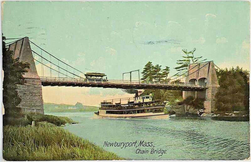 Divided back postcard of the Chain Bridge with a streetcar crossing and a steamship underneath
