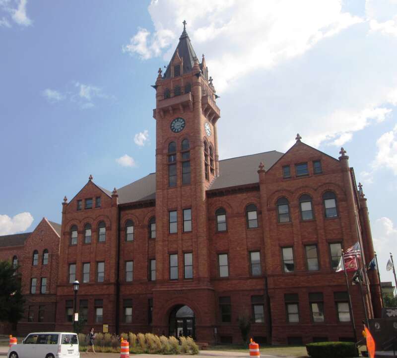 The Champaign County Courthouse, located at 101 East Main Street in Urbana, Illinois, is the fifth such building.  Built in 1900 for $150,000 and designed by Joseph Royer in the Richardsonian Romanesque style, the building has a 2002 addition to the