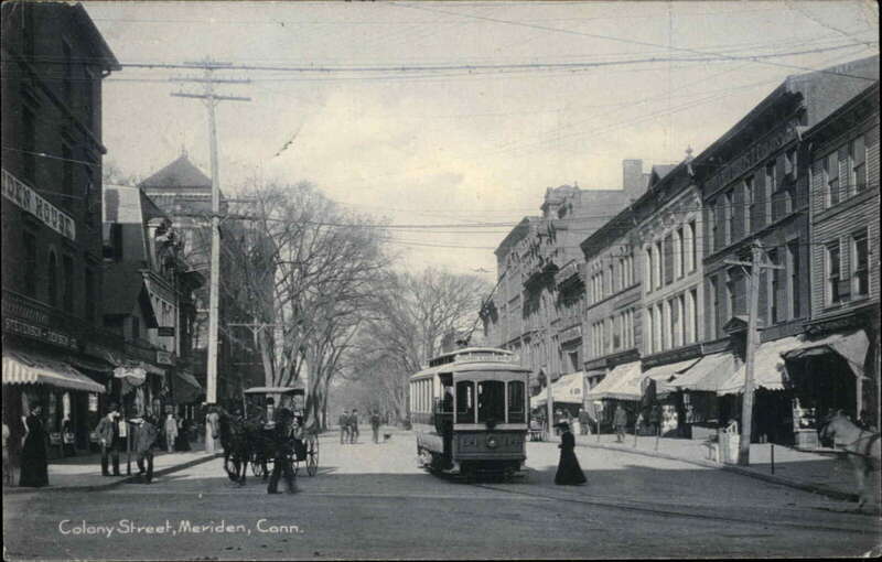 Undivided back postcard of a streetcar on Colony Street at Main Street in Meriden