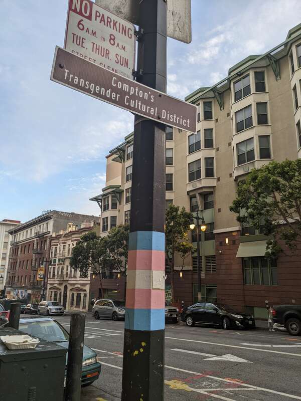 Street sign for Compton's Transgender Cultural District at the intersection of Ellis and Taylor Streets, San Francisco, California