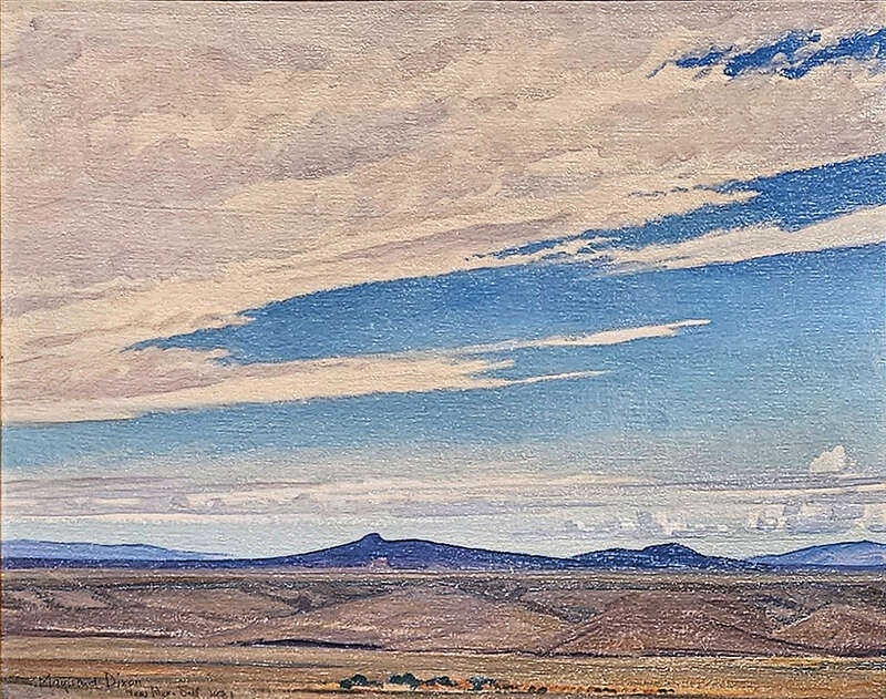 Oil on canvas board painting, New Mexico, September by Maynard Dixon. 1931.  On display at the Huntington Library, Art Museum, and Botanical Garden, San Marino, California, USA.  Gift from the Art Collection of Gordon and Connie Fish, in their