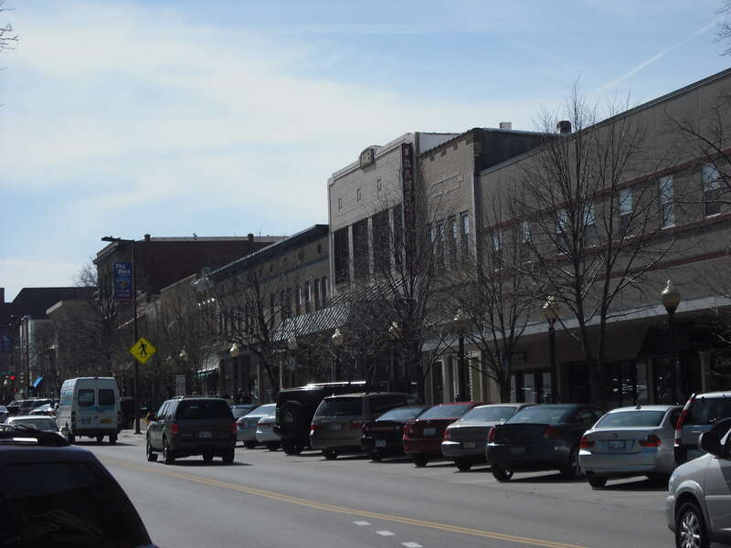 The west side of the 900 Block of Massachusetts in Lawrence, KS.  On NRHP.