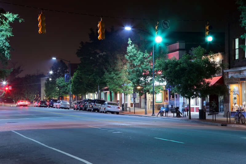 East Franklin Street pedestrian crosswalk at night in Chapel Hill, North Carolina.