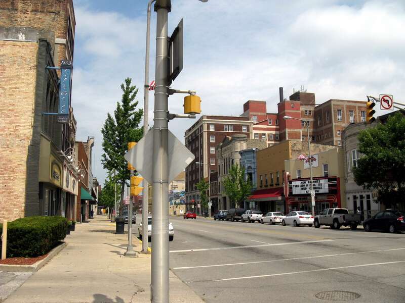 Main Street looking north in Elkhart, Indiana. This area is part of the Elkhart Downtown Commercial Historic District.