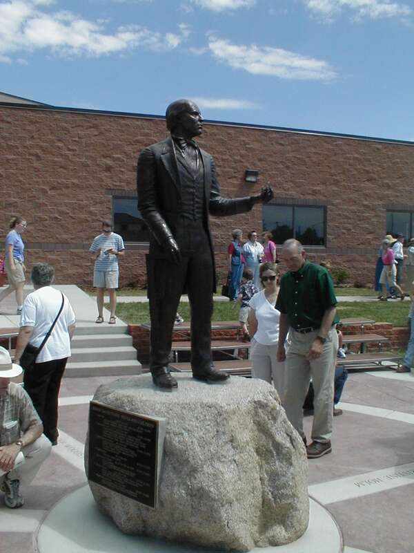 Statue commemorating David Evans, founder and first mayor of Lehi, Utah.  Statue was erected  in 2001.  Dedicated for public viewing on Saturday, August 25, 2001