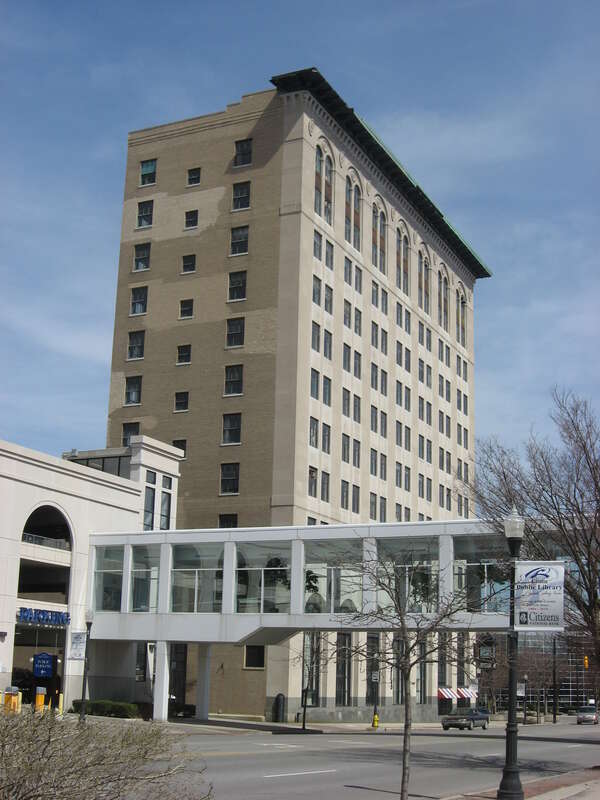 Western and southern sides of the First National Bank and Trust Building, located at 43-53 Public Square in downtown Lima, Ohio, United States.  Built in 1926, it is listed on the National Register of Historic Places.