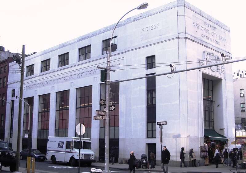 The First National City Bank building at 415-417 Broadway at the corners of Lispenard (65-69) and Canal Streets (296) in the Tribeca neighborhood of Manhattan, New York City, was built in 1927 in the Moderne style, and was designed by Walker &amp;amp;