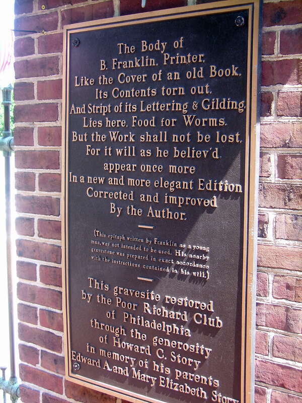 Epitaph written by Franklin, plaque at his grave site in Chrict Church cemetery