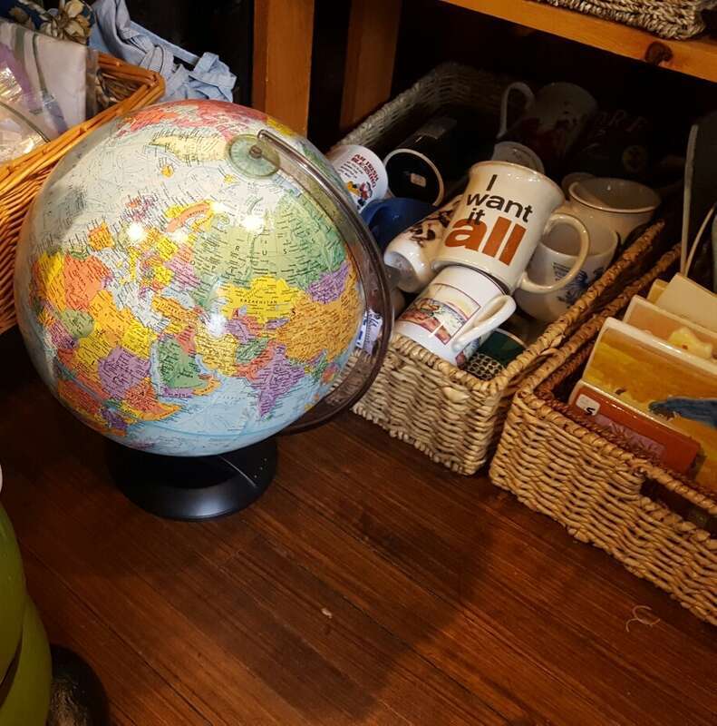 The Capital District Tourism Gnome trying to plan his next adventure while shopping at Elissa Halloran Designs on Lark Street in Albany, New York.