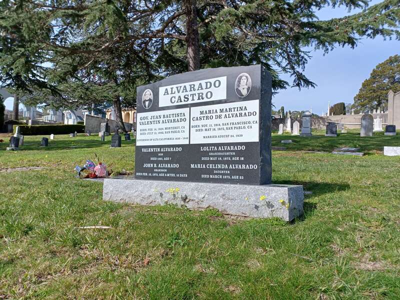 Grave of Juan Bautista Valentín Alvarado, governor of Alta California, at Saint Mary Cemetery (Oakland, California).