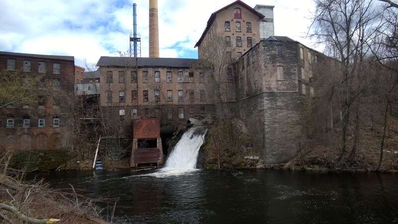 The Hockanum River flowing through a textile mill in Downtown Rockville, Connecticut.