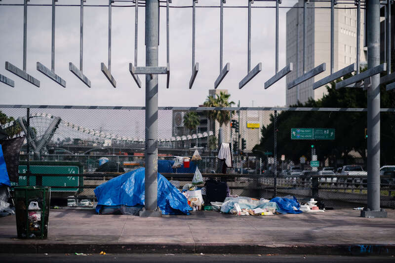 Homeless encampment in Downtown Los Angeles over the freeway