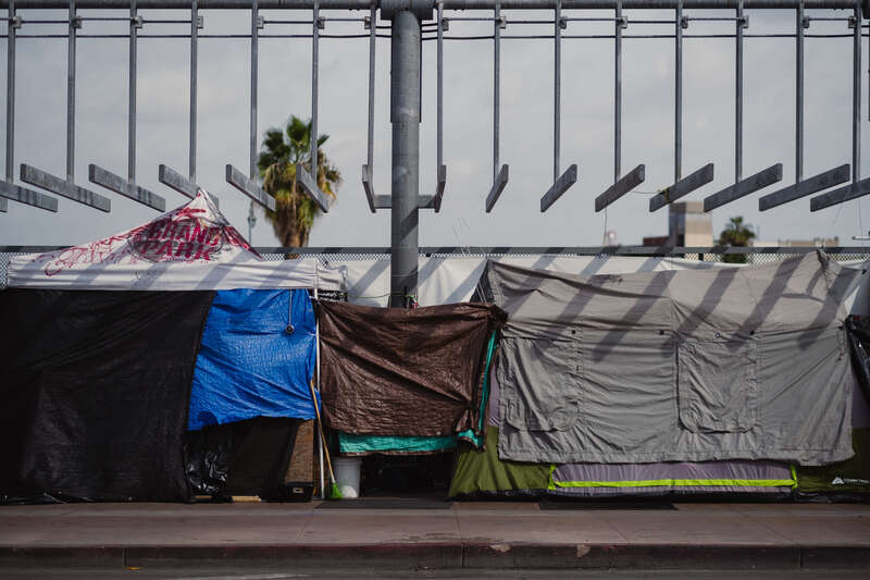 Homeless encampment in Downtown Los Angeles over the freeway