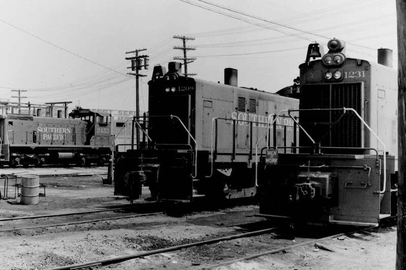 Southern Pacific ALCO S-6 #1231 &amp;amp; #1208 and EMD SW1500 #2453 at El Centro, 8/70.
