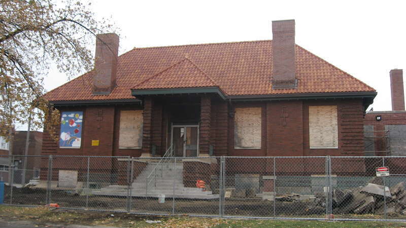 Front of the Indiana Harbor Public Library, located at 3605 Grand Avenue in East Chicago, Indiana, United States.  Built in 1913, it is listed on the National Register of Historic Places.