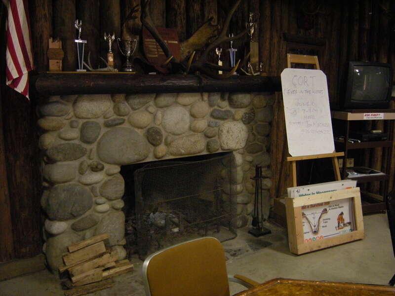 Fireplace, Issaquah Sportsmen's Club lodge, Issaquah, Washington. The building was built by the Works Progress Administration (WPA) in 1937. It is listed on the National Register of Historic Places and as a King County landmark.