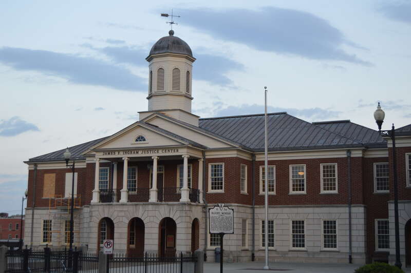 Front of the James F. Ingram Justice Center, located on Patton Street at the Lynn Street intersection in downtown Danville, Virginia, United States.  It serves as the city's courthouse.